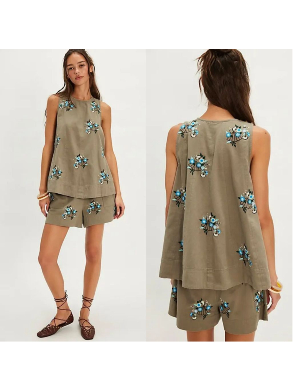 Free People Small Strata Sage Green Tank Shorts Set Embroidered Cotton Festival